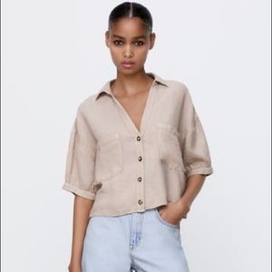 Zara Cropped Linen Button Shirt